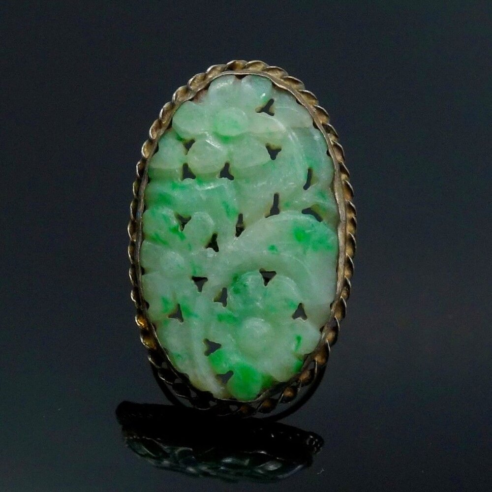 Vintage Early 20c Sterling Silver Carved Pierced Jadeite Floral Motif Ring